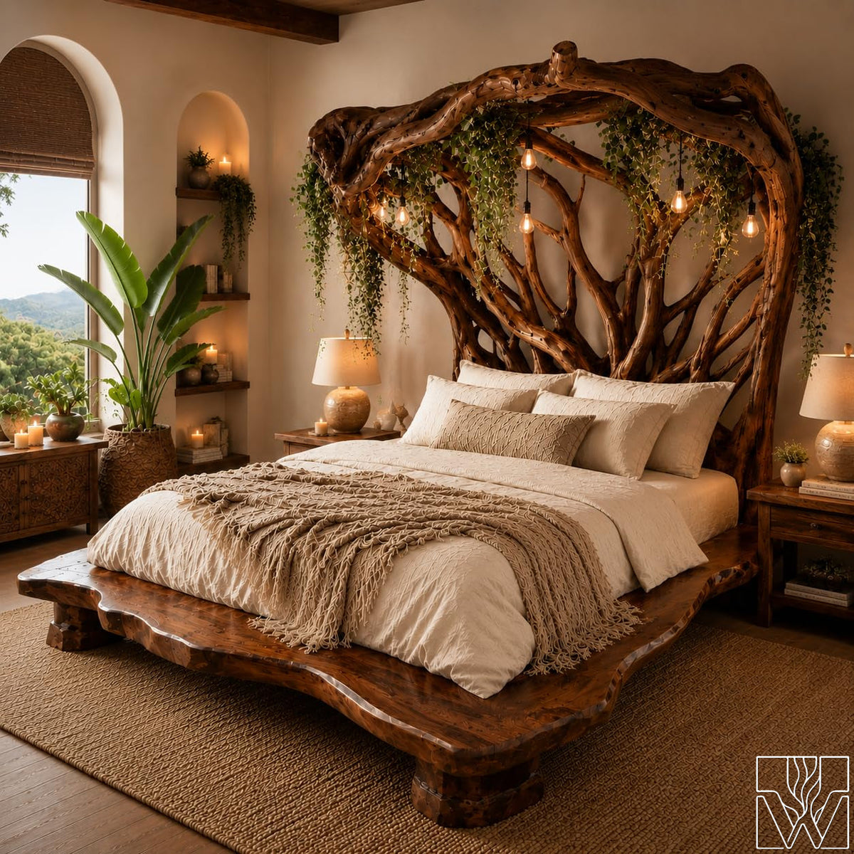 Handcrafted Rustic Solid Wood Bed Frame with Branch Canopy Headboard