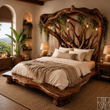 Handcrafted Rustic Solid Wood Bed Frame with Branch Canopy Headboard