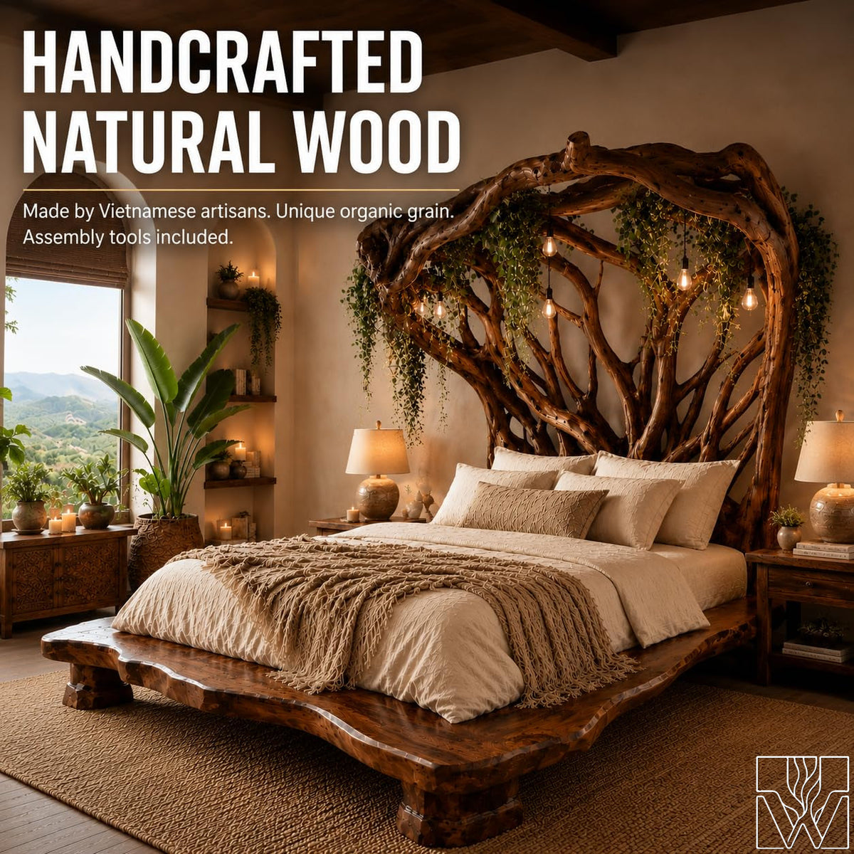 Handcrafted Rustic Solid Wood Bed Frame with Branch Canopy Headboard