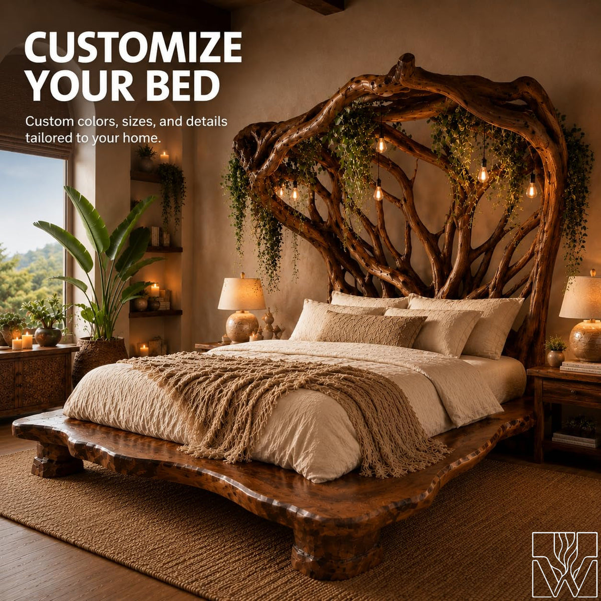 Handcrafted Rustic Solid Wood Bed Frame with Branch Canopy Headboard