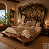 Handcrafted Rustic Solid Wood Bed Frame with Branch Canopy Headboard