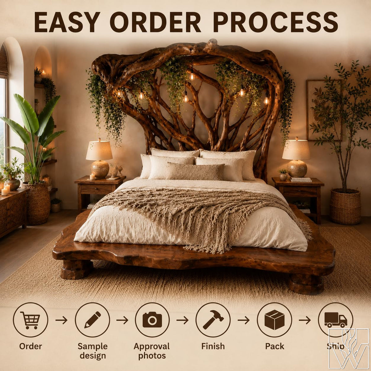 Handcrafted Rustic Solid Wood Bed Frame with Branch Canopy Headboard