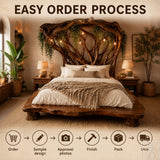 Handcrafted Rustic Solid Wood Bed Frame with Branch Canopy Headboard