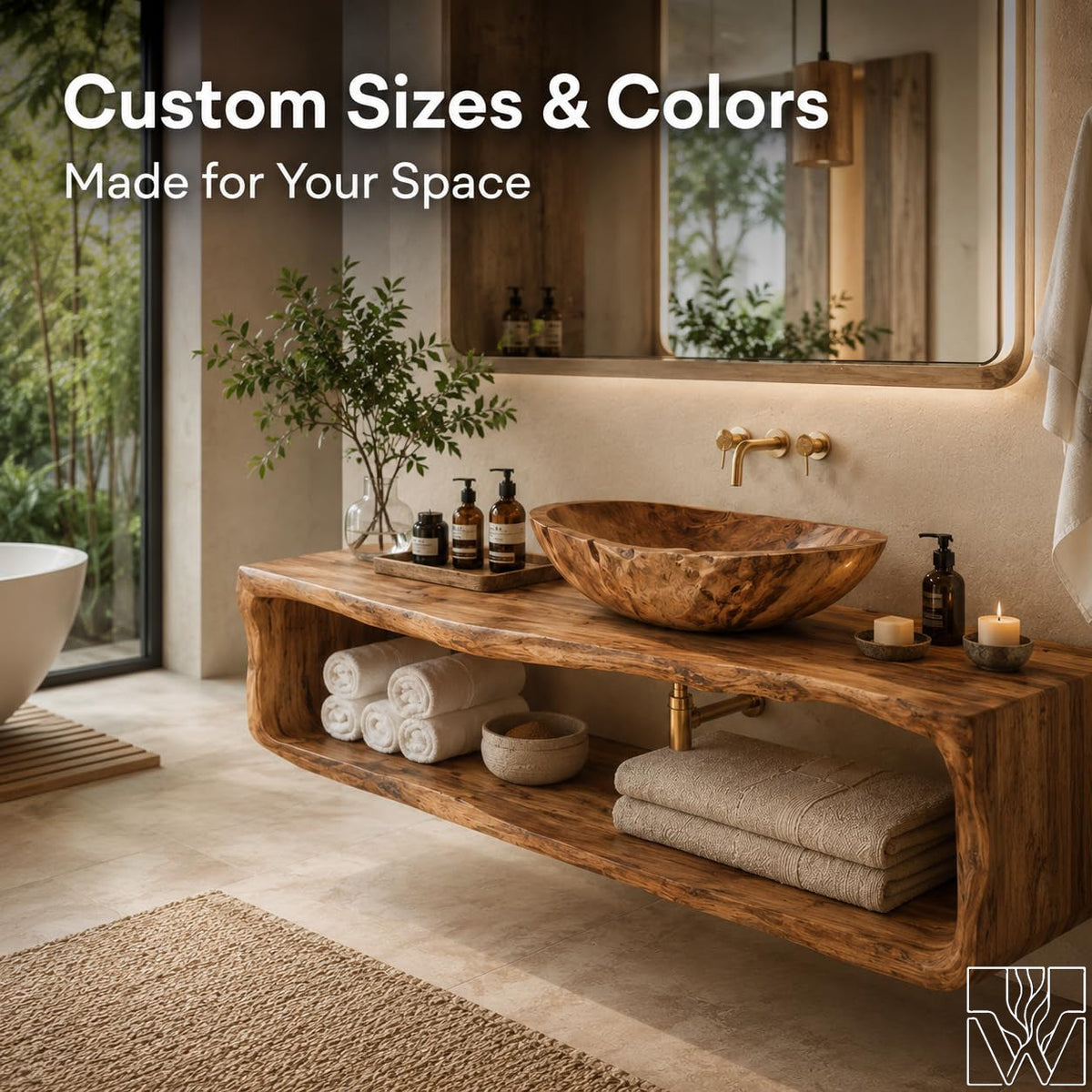 Live Edge Solid Wood Floating Bathroom Vanity Base with Shelf