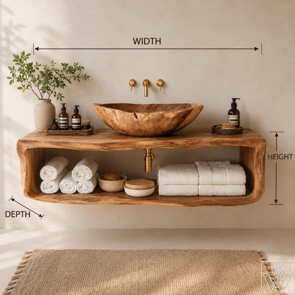 Live Edge Solid Wood Floating Bathroom Vanity Base with Shelf