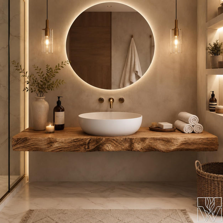 Natural Live Edge Solid Wood Floating Bathroom Vanity Console