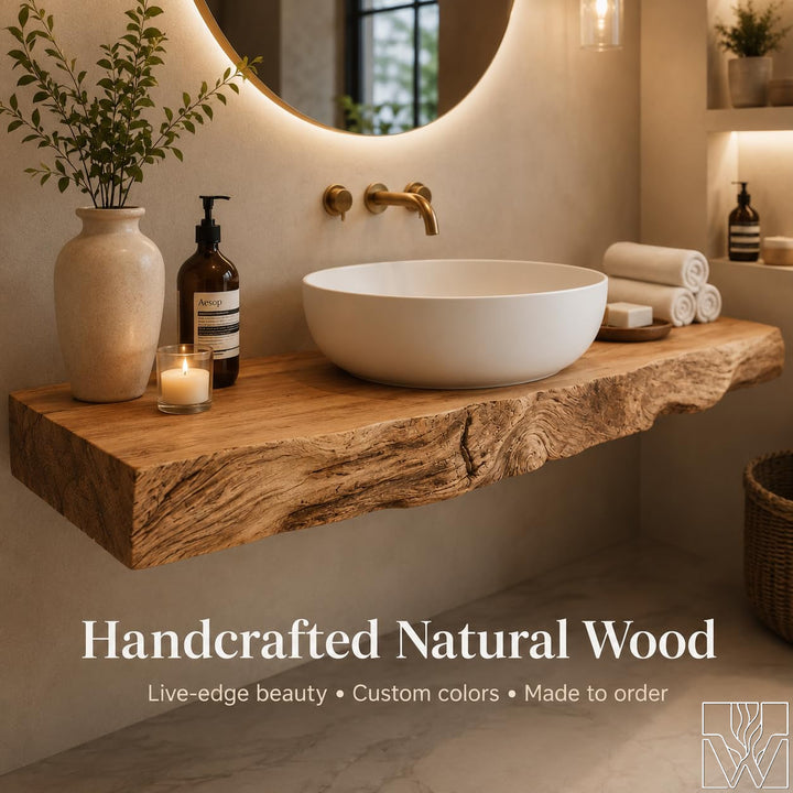 Natural Live Edge Solid Wood Floating Bathroom Vanity Console