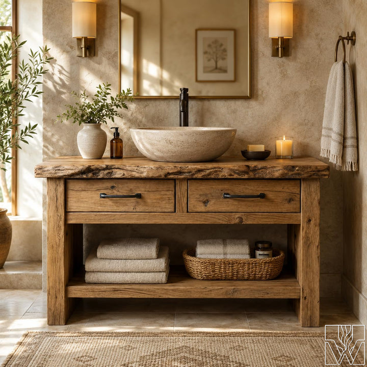 Rustic Live Edge Solid Wood Floating Bathroom Vanity Console