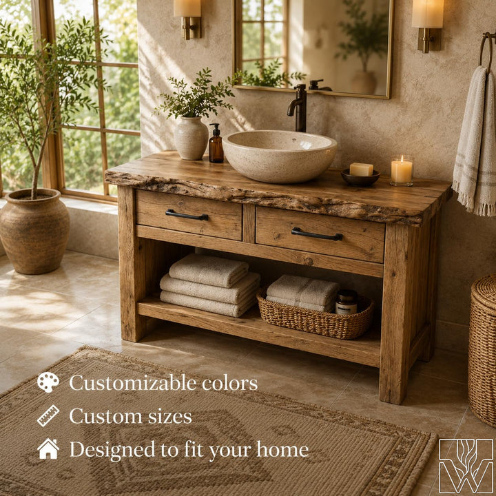 Rustic Live Edge Solid Wood Floating Bathroom Vanity Console