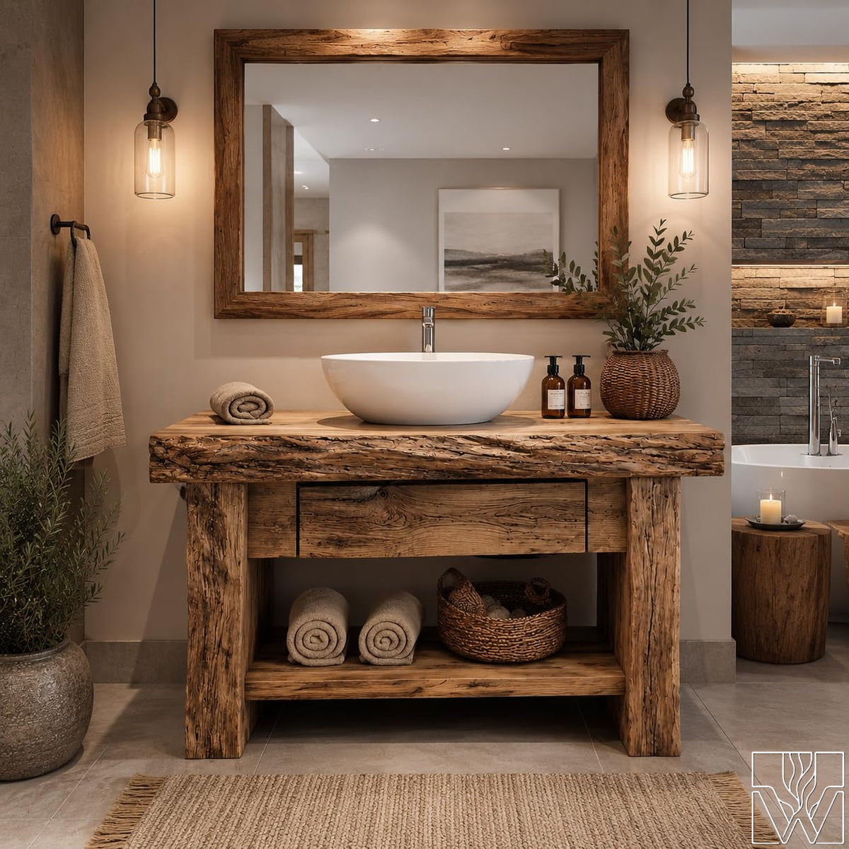 Rustic Live Edge Solid Wood Floating Bathroom Vanity with Shelf