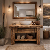 Rustic Live Edge Solid Wood Floating Bathroom Vanity with Shelf