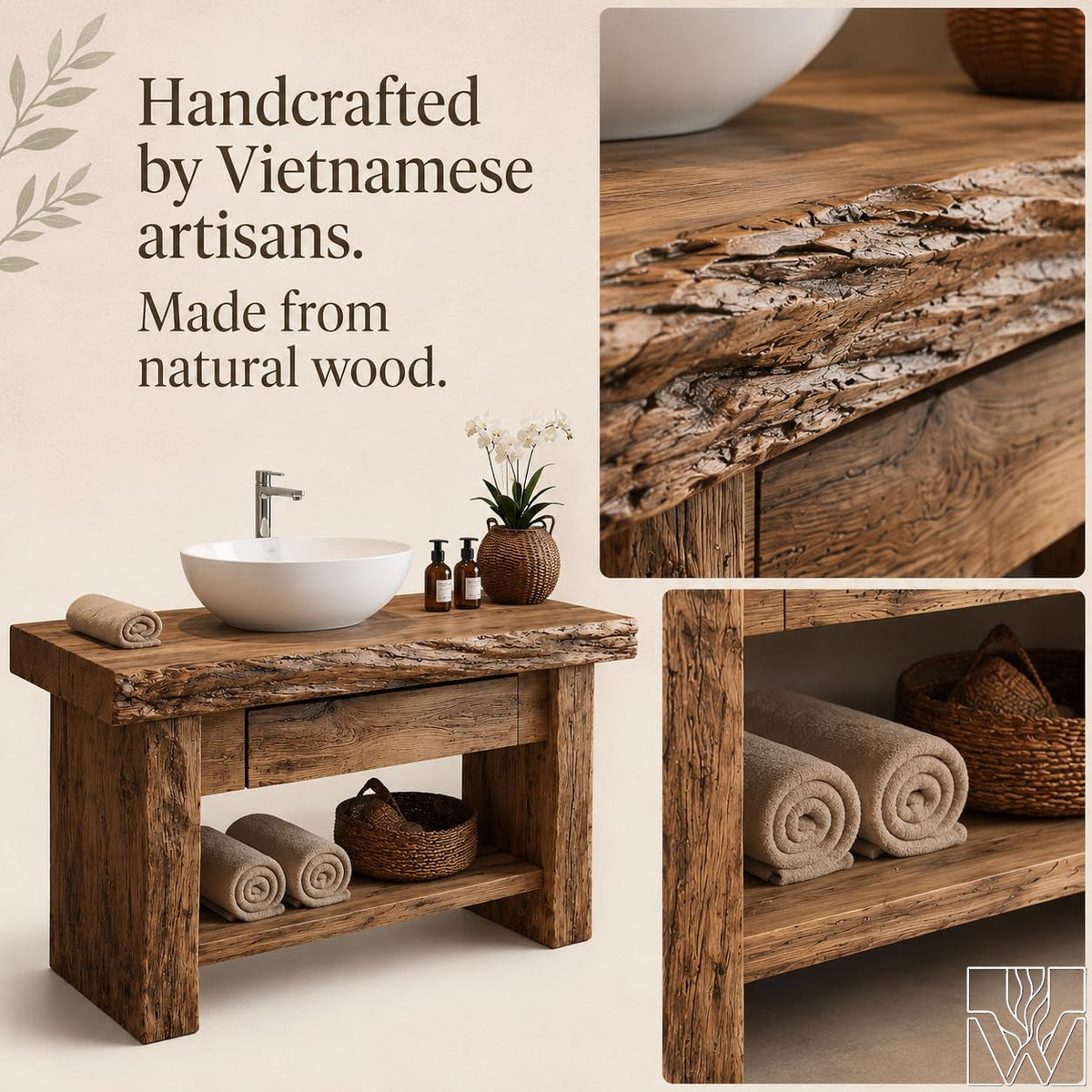 Rustic Live Edge Solid Wood Floating Bathroom Vanity with Shelf