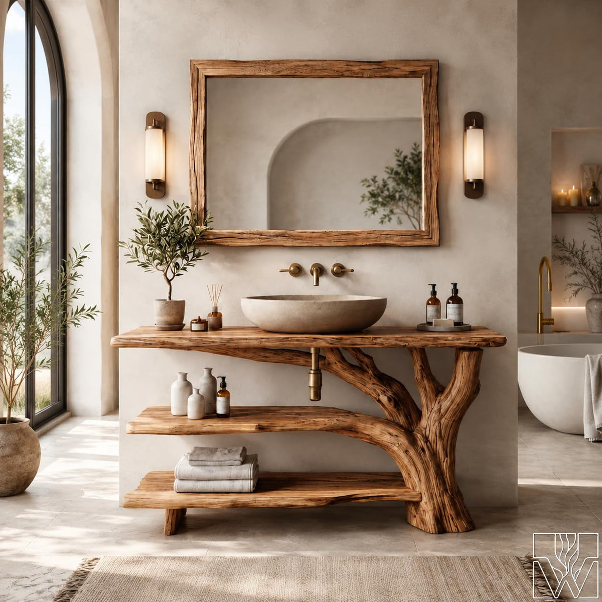 Rustic Live Edge Solid Wood Floating Bathroom Vanity for Vessel Sinks