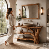 Rustic Live Edge Solid Wood Floating Bathroom Vanity for Vessel Sinks