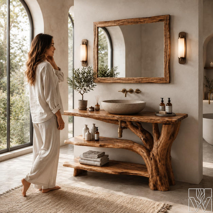 Rustic Live Edge Solid Wood Floating Bathroom Vanity for Vessel Sinks