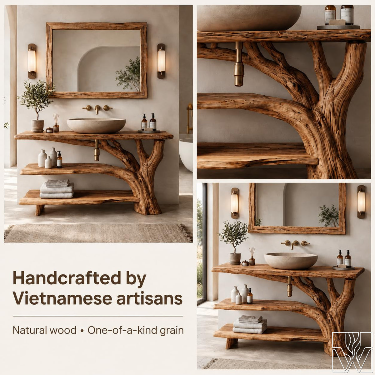 Rustic Live Edge Solid Wood Floating Bathroom Vanity for Vessel Sinks