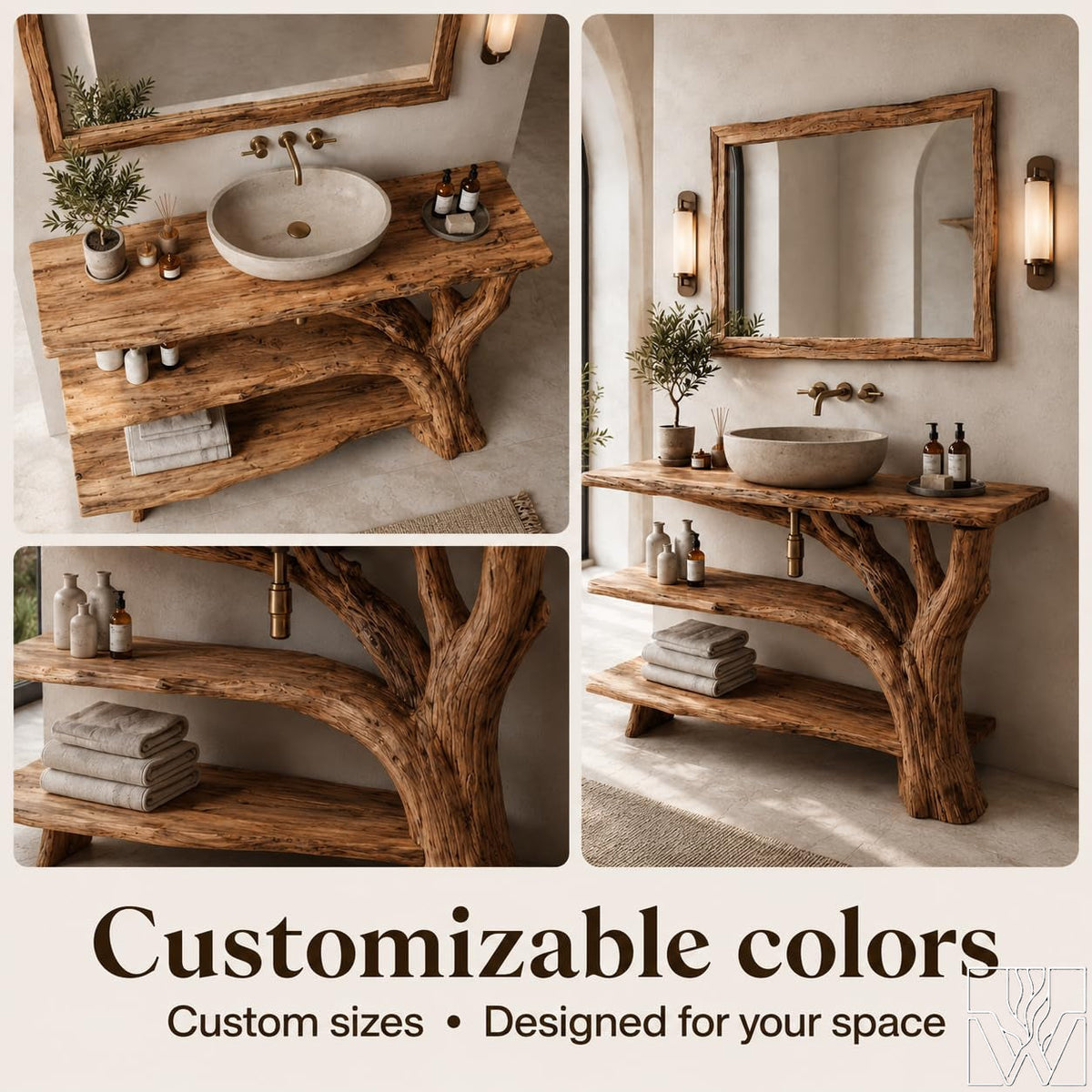 Rustic Live Edge Solid Wood Floating Bathroom Vanity for Vessel Sinks