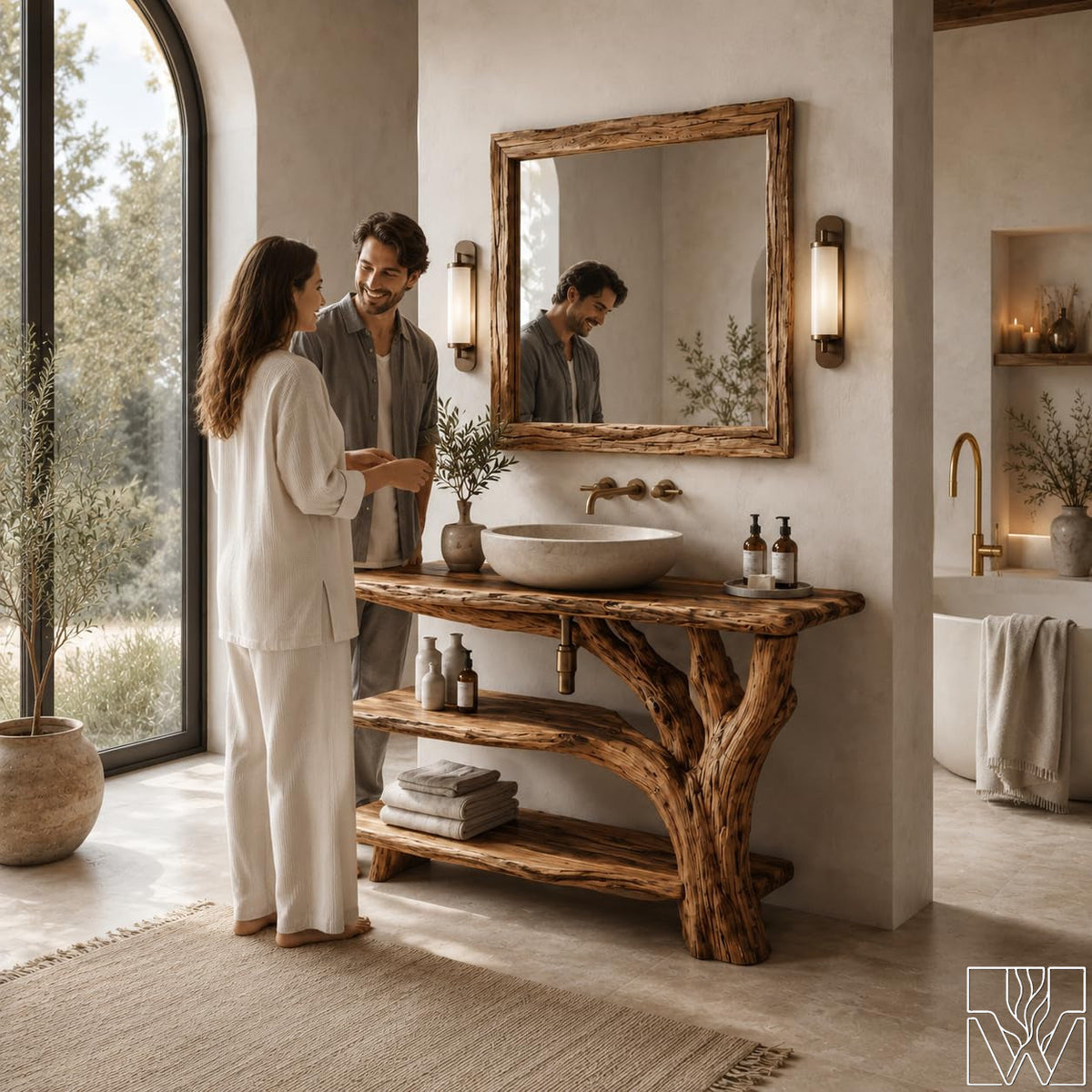 Rustic Live Edge Solid Wood Floating Bathroom Vanity for Vessel Sinks