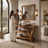 Rustic Live Edge Solid Wood Floating Bathroom Vanity for Vessel Sinks