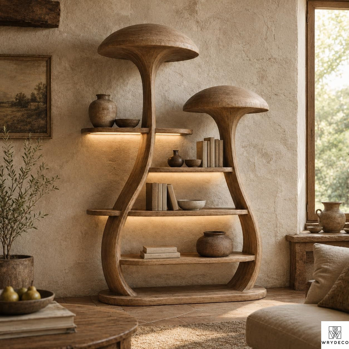 PREAUREUM Mushroom Tree Bookshelf - Nature Inspired Wooden Bookcase