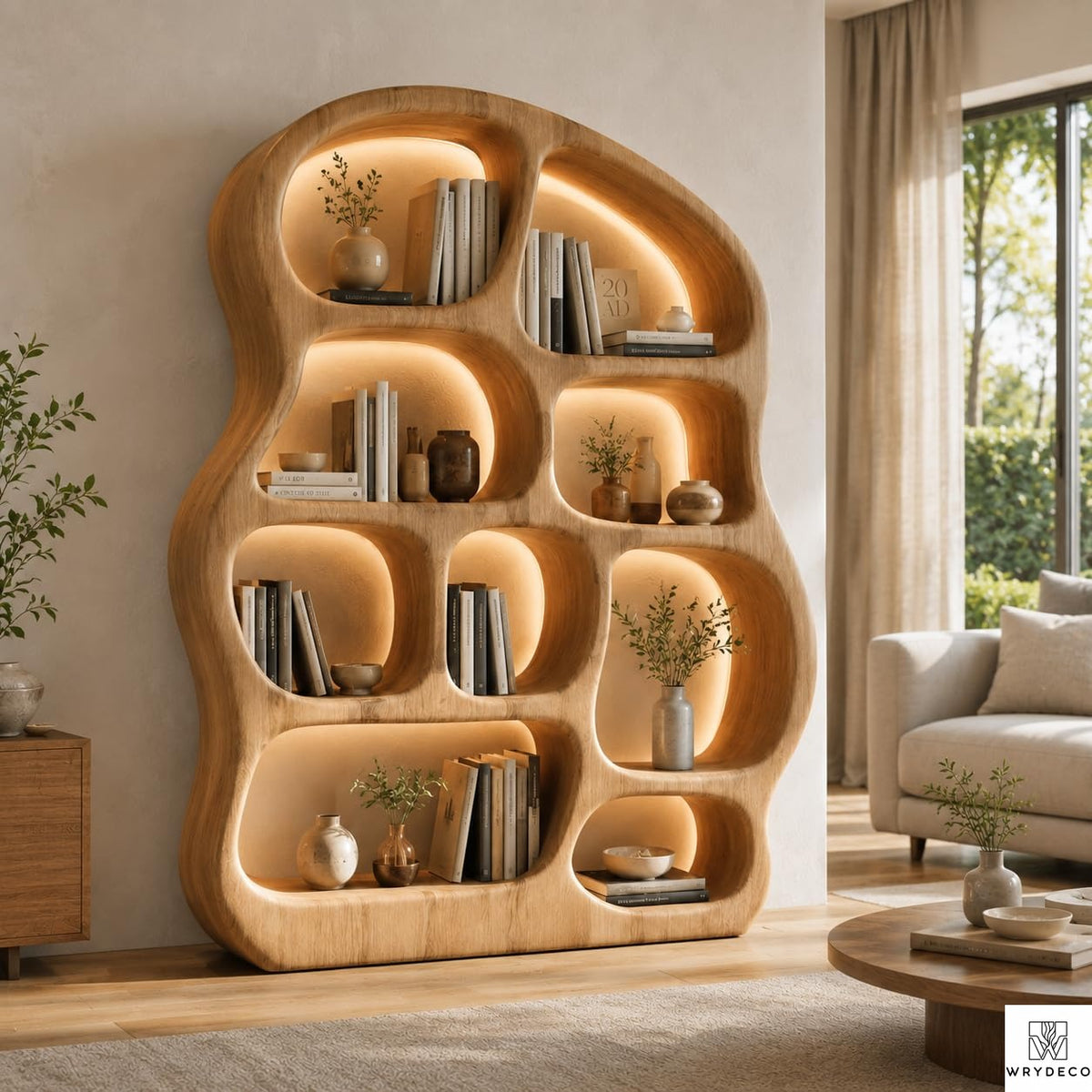 Organic Curved Solid Wood Bookshelf for Modern Living Rooms - View 1. Sculptural Open-Shelf Statement Turn everyday storage into a design feature with a sculptural freestanding bookshelf featuring an organic curved silhouette, open compartments, and flexible display space. 01 Statement Bookshelf Design The organic curved silhouette adds warmth, movement, and visual interest while creating an artistic place to arrange books, pottery, candles, framed photos, and decorative accents. 02 Solid Wood Appearance...