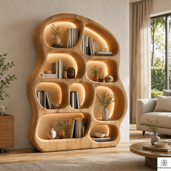 Organic Curved Solid Wood Bookshelf for Modern Living Rooms - View 1. Sculptural Open-Shelf Statement Turn everyday storage into a design feature with a sculptural freestanding bookshelf featuring an organic curved silhouette, open compartments, and flexible display space. 01 Statement Bookshelf Design The organic curved silhouette adds warmth, movement, and visual interest while creating an artistic place to arrange books, pottery, candles, framed photos, and decorative accents. 02 Solid Wood Appearance...