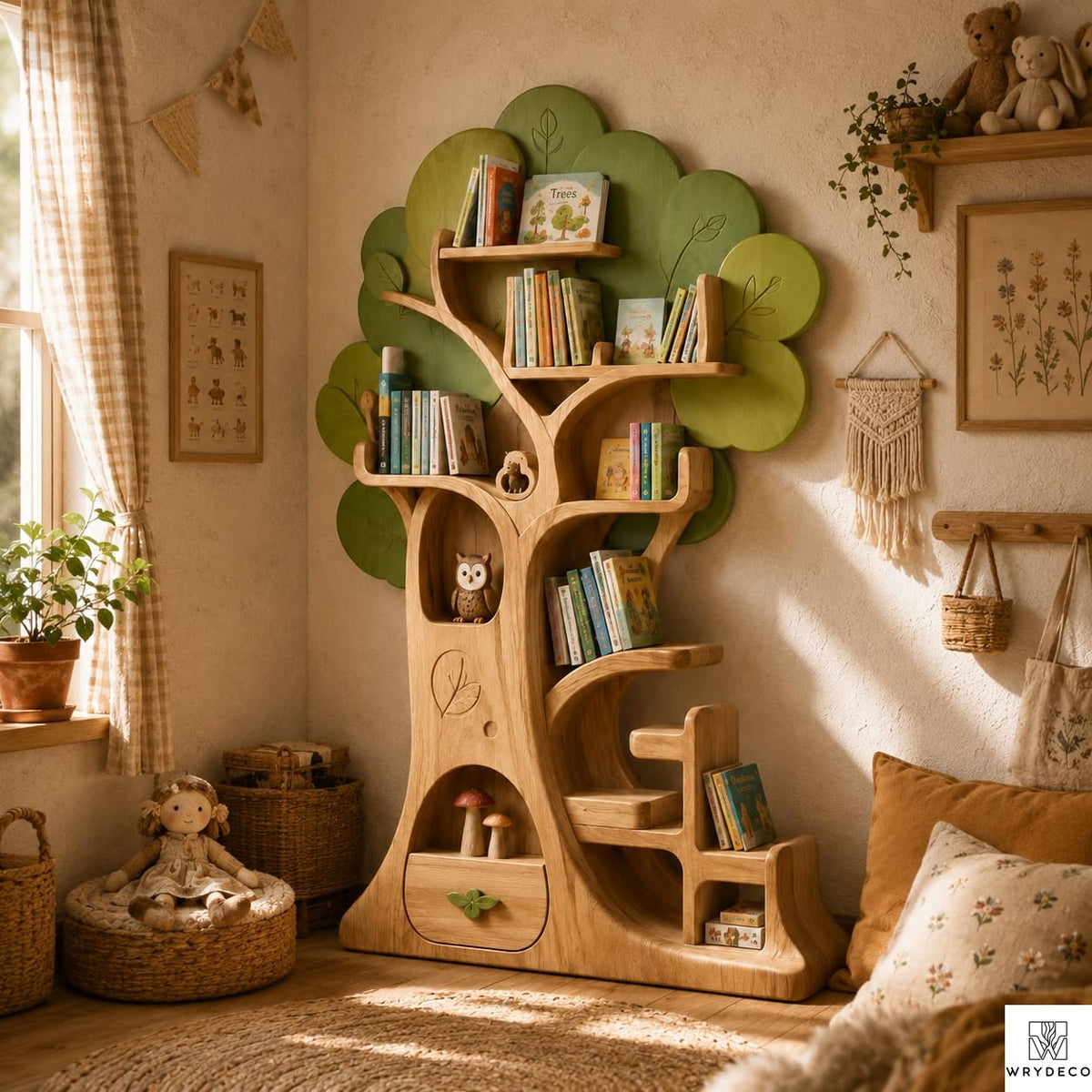 PREAUREUM Handmade Wooden Tree Bookshelf for Kids Room