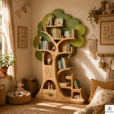PREAUREUM Handmade Wooden Tree Bookshelf for Kids Room