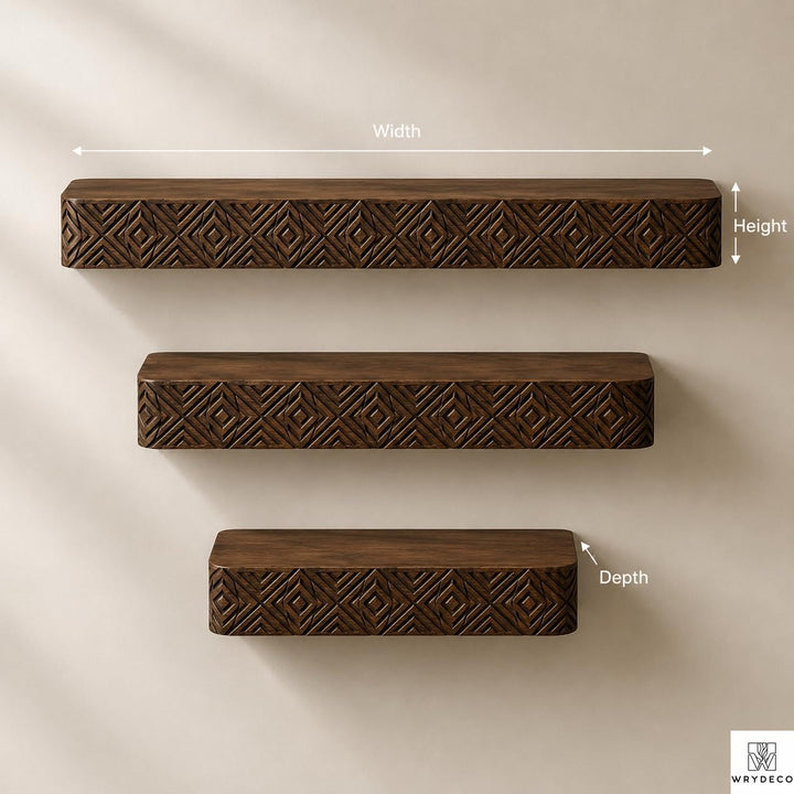 Handmade Fluted Wood Floating Shelf with Scalloped Trim - View 3. Textured Floating Wall Display Add warmth, texture, and practical display space to your wall with a handmade-style floating shelf featuring layered scalloped trim, vertical fluted details, and customizable sizing. 01 Fluted Wood-Inspired Design Layered scalloped trim and vertical fluted detailing give the shelf a warm, dimensional appearance that adds texture and decorative character to the wall. 02 Custom Sizing for Your Space Custom sizi...