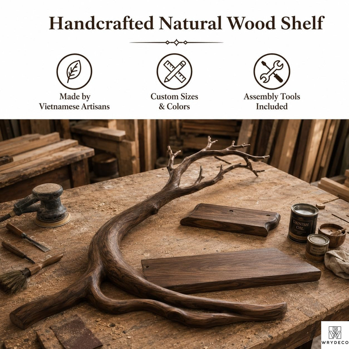 Handcrafted Tree Branch Floating Shelves – Unique Natural Wood Wall Shelf Set, Sculptural Art Display Bookcase for Living Room, Study, Bedroom & Home Library (2 Level Shelves) (C1)