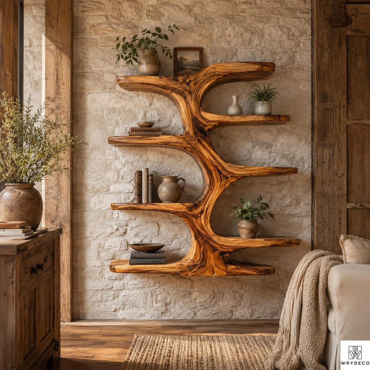 Contemporary Wooden Tree Bookcase, Wall Mounted Branch Display Shelf with 8" D Open Storage for Living Room, Office & Plant Decor (Option 3)