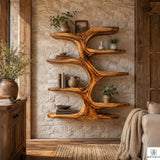 Contemporary Wooden Tree Bookcase, Wall Mounted Branch Display Shelf with 8" D Open Storage for Living Room, Office & Plant Decor (Option 3)