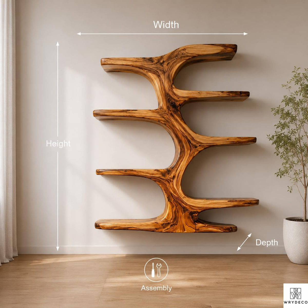 Contemporary Wooden Tree Bookcase, Wall Mounted Branch Display Shelf with 8" D Open Storage for Living Room, Office & Plant Decor (Option 3)