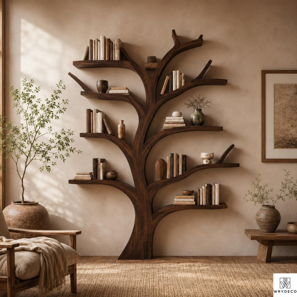 Tree Bookshelf, Large Wood Tree-Shaped Bookcase with Rustic Branch Shelves, Decorative Storage Shelf for Living Room, Bedroom, Office