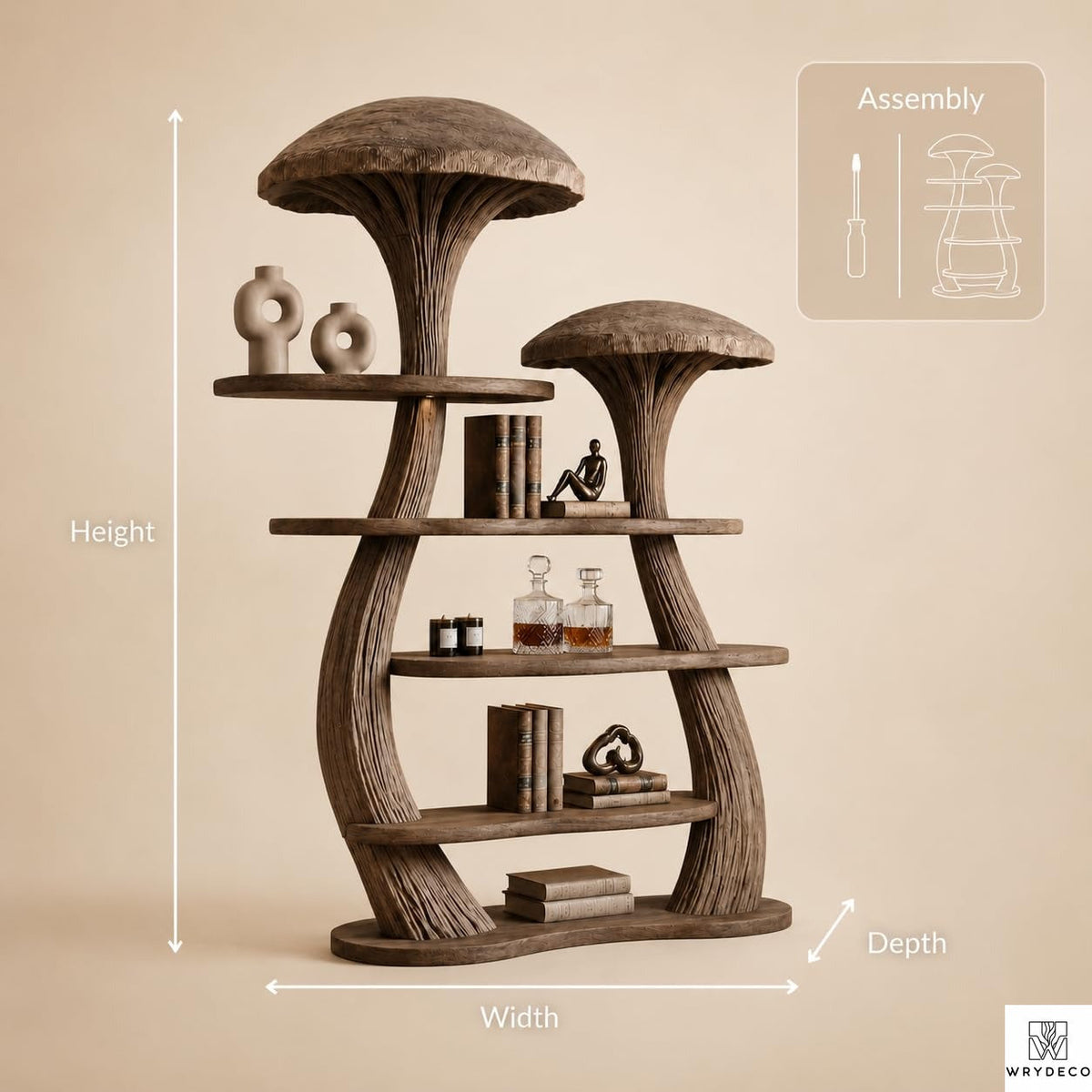 PREAUREUM Mushroom Tree Bookshelf - Nature Inspired Wooden Bookcase