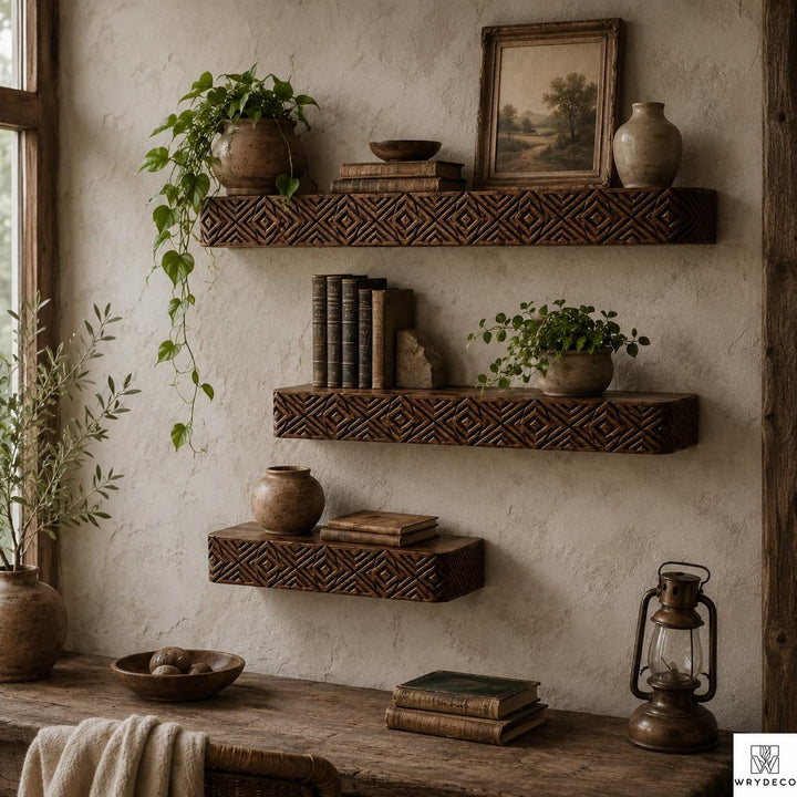 Handmade Fluted Wood Floating Shelf with Scalloped Trim - View 2. Textured Floating Wall Display Add warmth, texture, and practical display space to your wall with a handmade-style floating shelf featuring layered scalloped trim, vertical fluted details, and customizable sizing. 01 Fluted Wood-Inspired Design Layered scalloped trim and vertical fluted detailing give the shelf a warm, dimensional appearance that adds texture and decorative character to the wall. 02 Custom Sizing for Your Space Custom sizi...