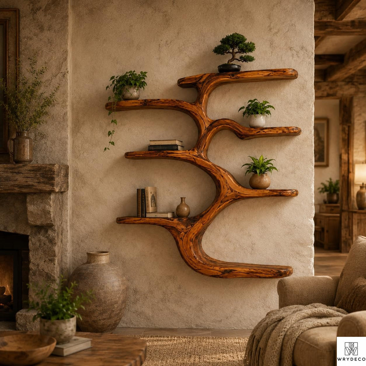 Contemporary Wooden Tree Bookcase, Wall Mounted Branch Display Shelf with 8" D Open Storage for Living Room, Office & Plant Decor (Option 3)