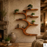 Contemporary Wooden Tree Bookcase, Wall Mounted Branch Display Shelf with 8" D Open Storage for Living Room, Office & Plant Decor (Option 3)
