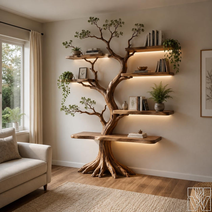 6-Tier Solid Wood Tree Branch Floor Shelf with Curved Trunk Frame