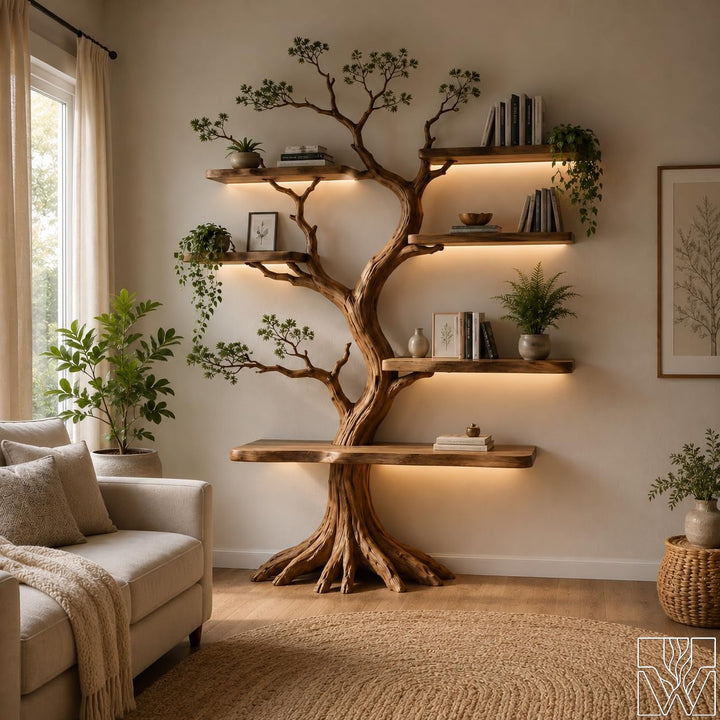 6-Tier Solid Wood Tree Branch Floor Shelf with Curved Trunk Frame
