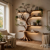 6-Tier Solid Wood Tree Branch Floor Shelf with Curved Trunk Frame