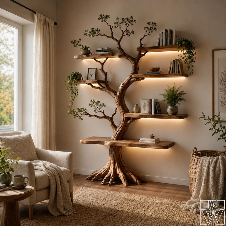 6-Tier Solid Wood Tree Branch Floor Shelf with Curved Trunk Frame