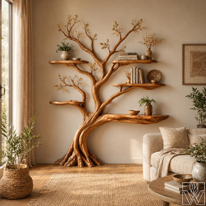 6-Tier Tree Branch Silhouette Solid Wood Bookshelf Floor Display