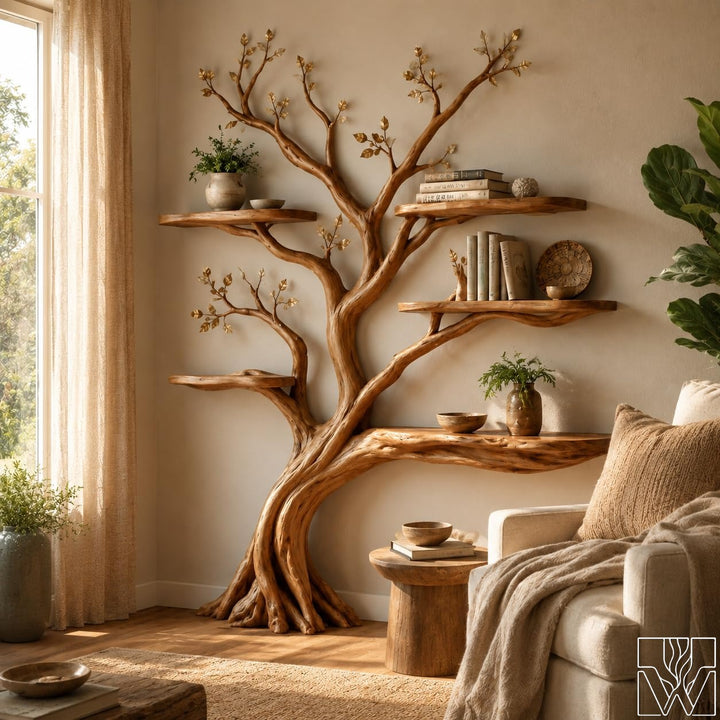 6-Tier Tree Branch Silhouette Solid Wood Bookshelf Floor Display