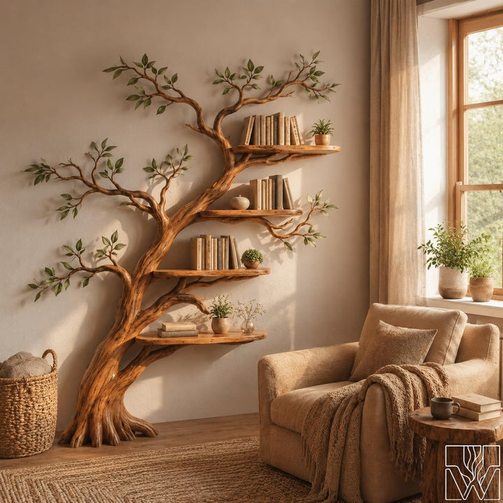 Solid Wood Tree Branch Bookcase with Organic Curved Profile