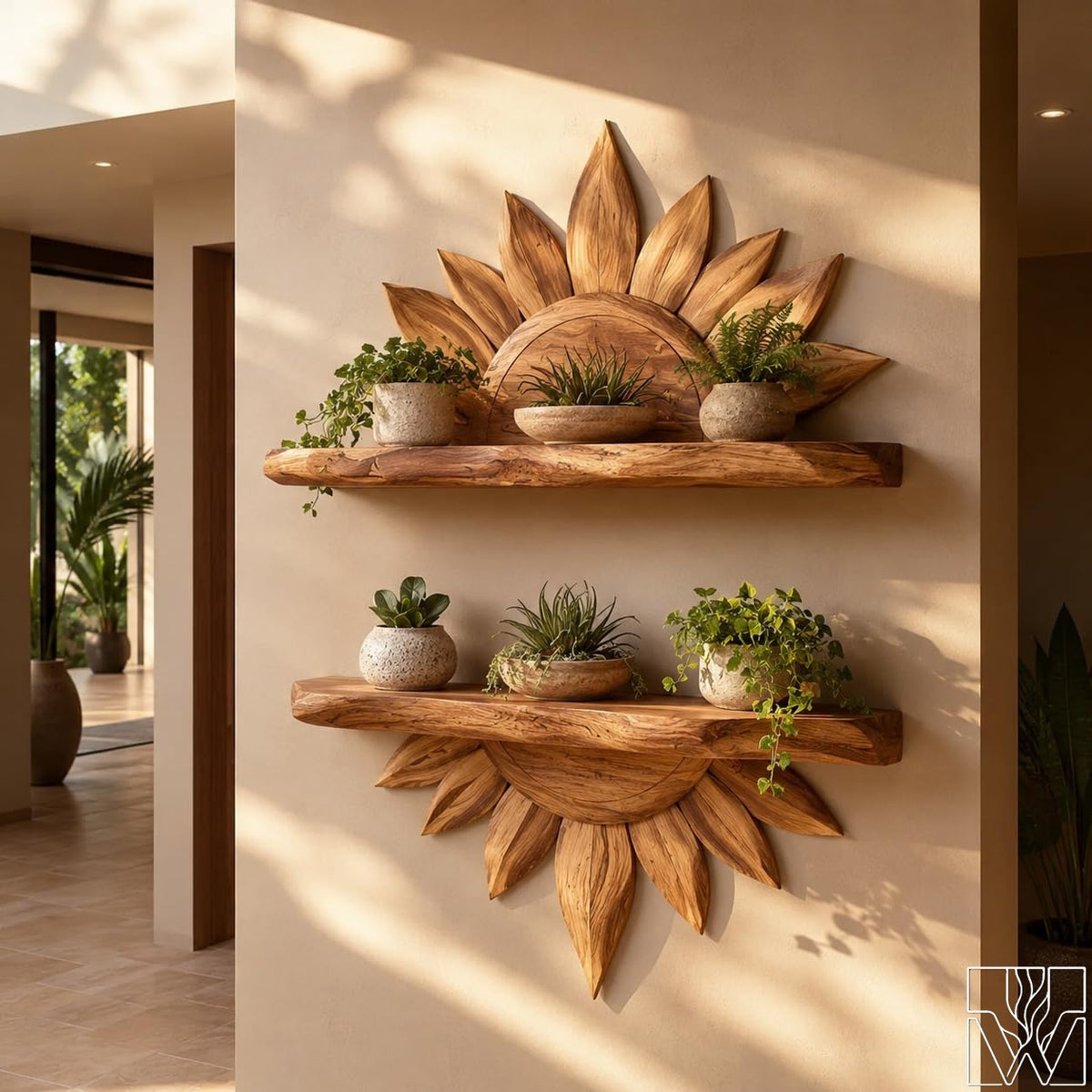Boho Sun Wall Shelf with radiating ray motif for Plant Display