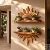 Boho Sun Wall Shelf with radiating ray motif for Plant Display