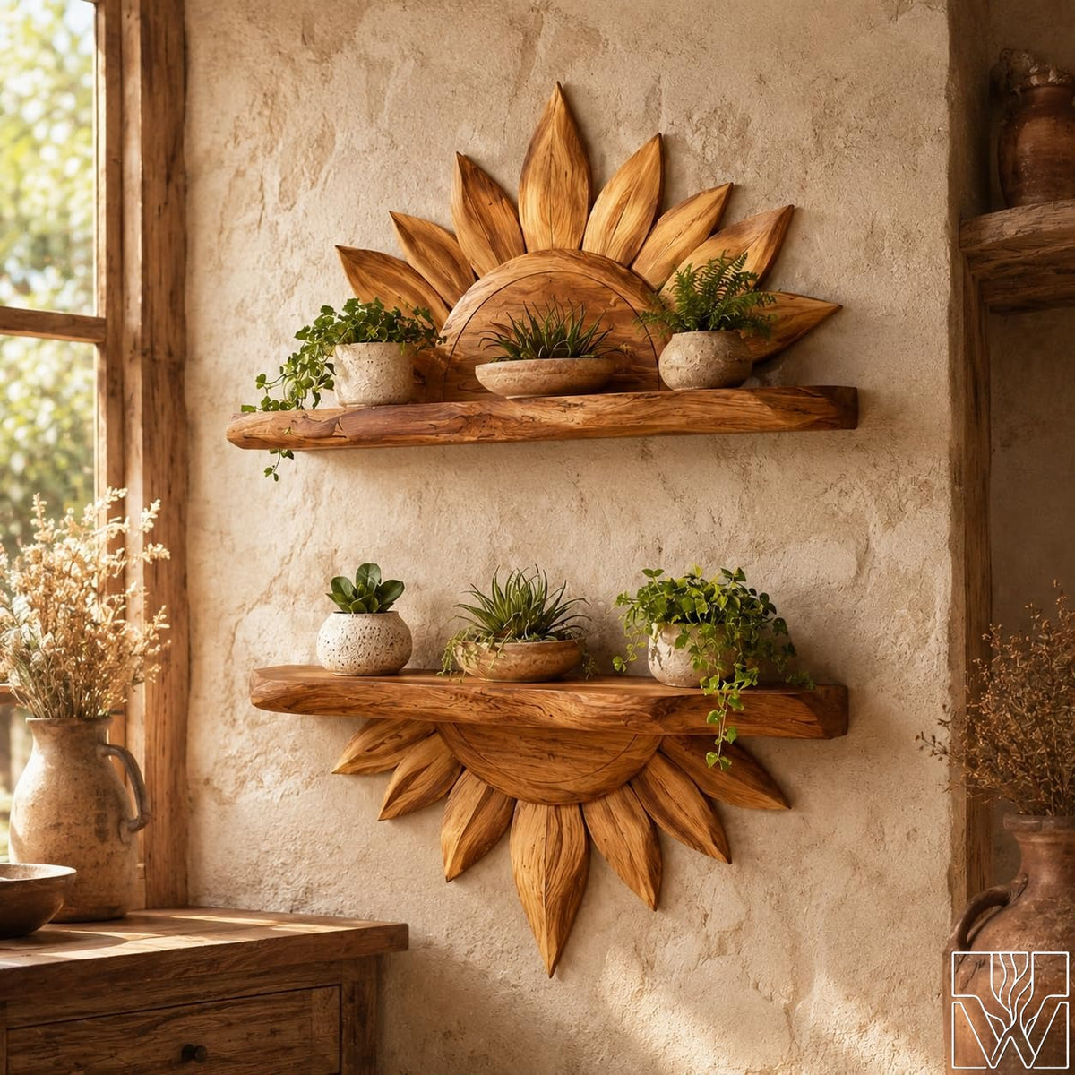 Boho Sun Wall Shelf with radiating ray motif for Plant Display