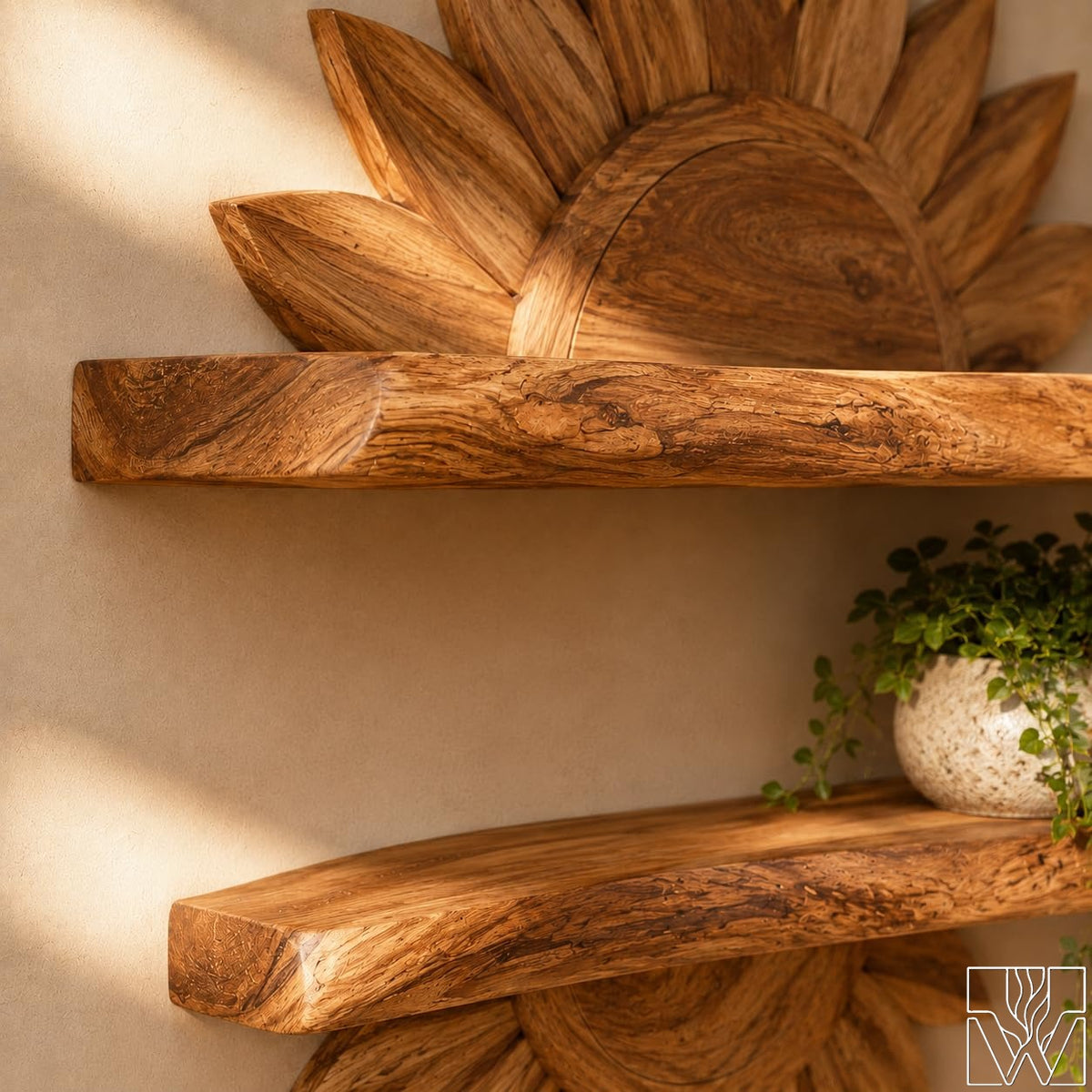 Boho Sun Wall Shelf with radiating ray motif for Plant Display