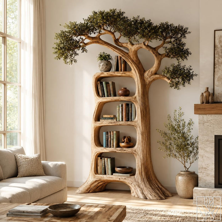 Rustic Solid Wood Tree Bookshelf, Tree-Inspired Silhouette